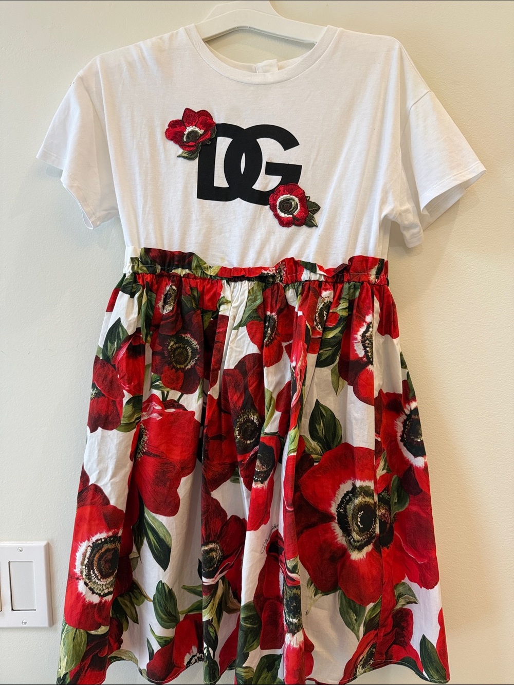 Dolce & Gabbana White T-Shirt Dress with Red Floral Skirt